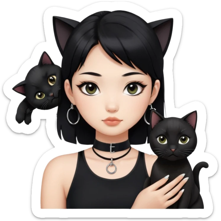Asian girl, black hair.  Holding two BLACK cats with one cat has a round fat face. Both pure black.  The girl also wearing a black singlet, a black chocker, silver round hook earring, and wearing eyeliner.  sticker