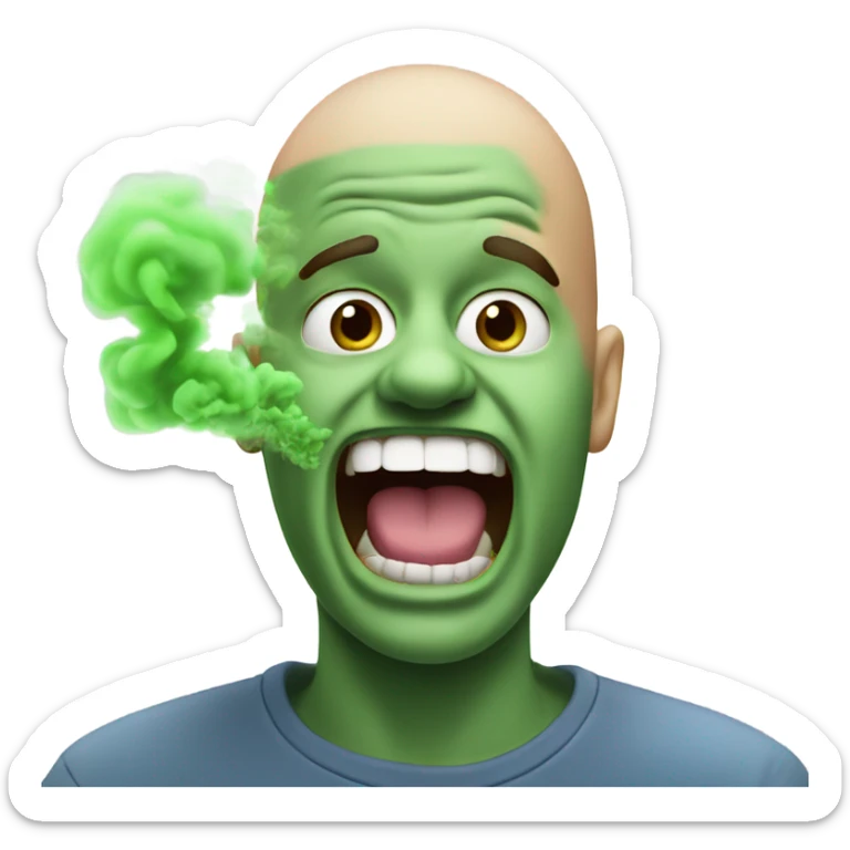 Smelly breath bald man mouth wide open green smoke coming out sticker