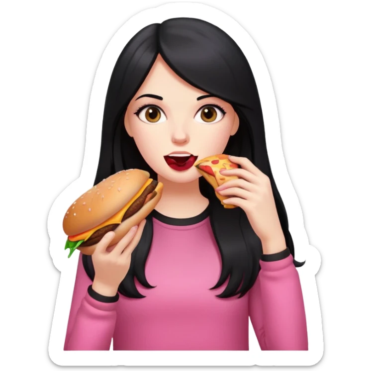 White girl in pink clothes and long black hair eating burger and pizza sticker