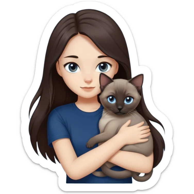 a girl with long dark brown hair, grey eyes, in a dark navy blue tshirt is hugging a siamese kitten sticker