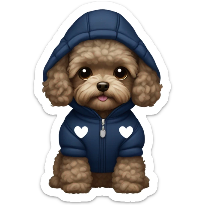 Dark Brown maltipoo wearing navy blue puffer jacket with a hood with little white hearts pattern sticker