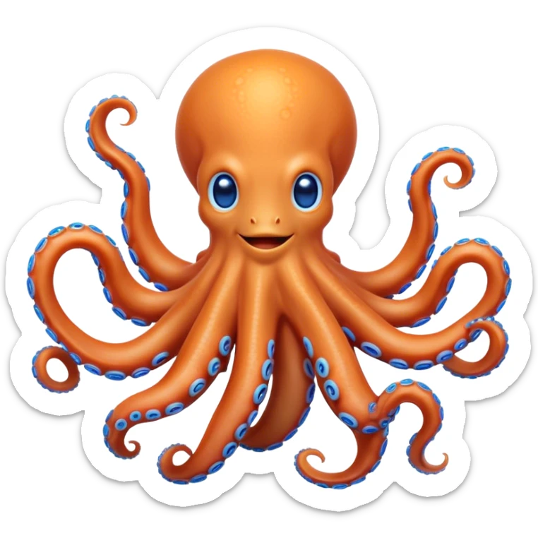 Cinematic Noble smiling Octopus Portrait Emoji, Poised and enchanting, with a light orange body adorned with vibrant blue rings and eight delightfully curling arms with gentle suckers, large sparkling eyes exuding warmth and playfulness, Simplified yet charmingly expressive features, highly detailed, glowing with a soft, magical underwater radiance, high shine, intelligent and irresistibly cute, stylized with an air of whimsical marine enchantment, focused and fluid, soft glowing outline, capturing the essence of a watchful and endearing octopus that appears ready to float out of the screen with delightful charm! sticker