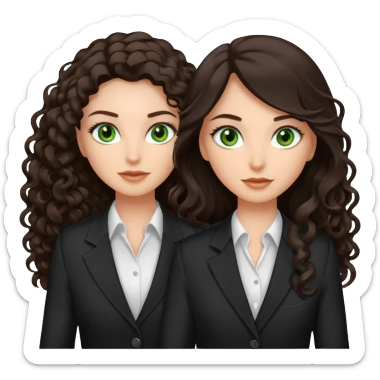 Two besties as agents, 1: long ironed straight darkbrown hair, green eyes, 2: long curly darkbrown hair, brown eyes  sticker