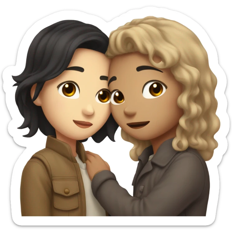 A half pale Asian man with short dark hair and amber eyes embracing and loving a half Asian woman with long wavy dark hair and dark hazel eyes. They love each other a lot And have good fashion taste and are hugging each other tight  sticker