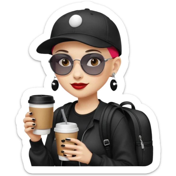 ["A happy woman with light skin, bald, wearing a baseball cap and sunglasses, dressed in goth fashion, is drinking coffee while holding a backpack."] sticker