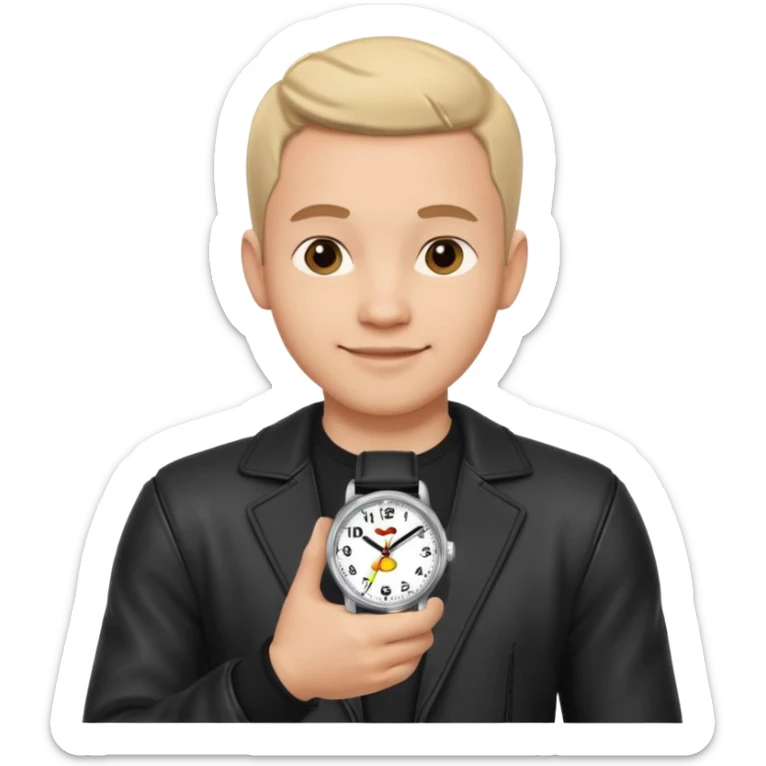 man wearing a black strap watch portrait, head and shoulders only, round face, soft jawline, friendly smile, black leather strap watch visible, 3D cartoon, mobile game icon style, clean background, no text, no watermark sticker