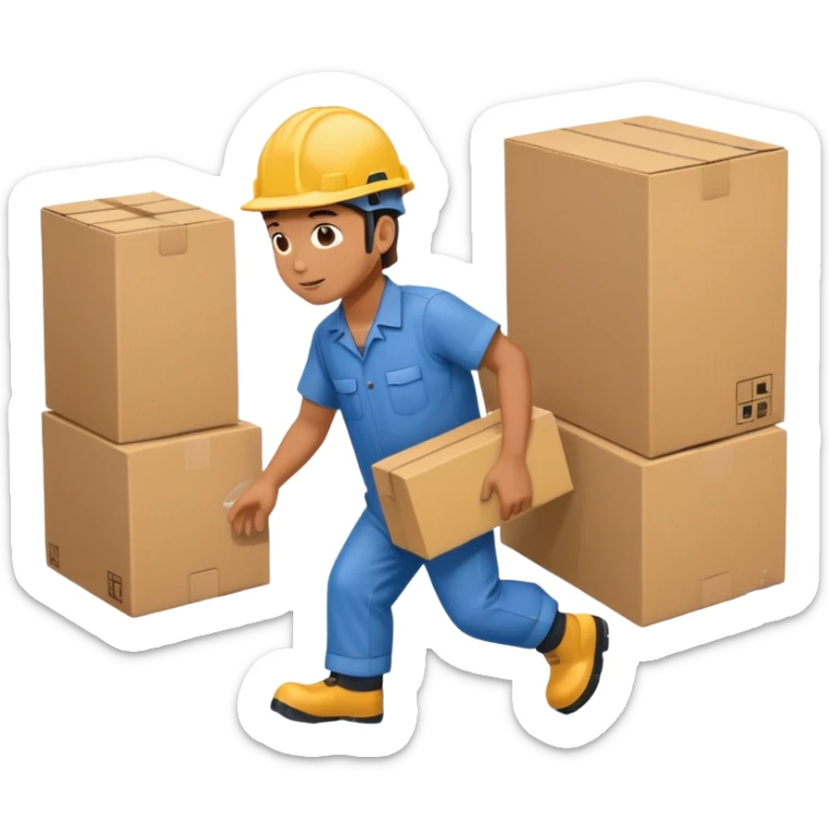 Animación educativa sobre un accidente laboral en un entorno industrial. Un trabajador de fábrica, con casco pero sin otros elementos de protección personal, resbala en un piso mojado y cae al suelo mientras transporta una caja. sticker