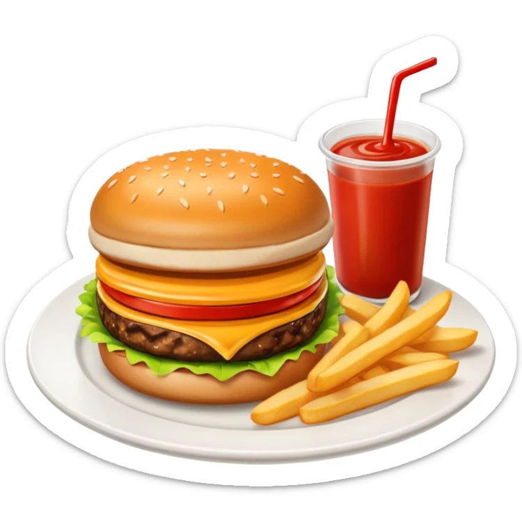 i want a Cheeseburger and Fries with a angle to 15–20° gentle bird’s-eye angle with 2white and red Sause on white plate  sticker