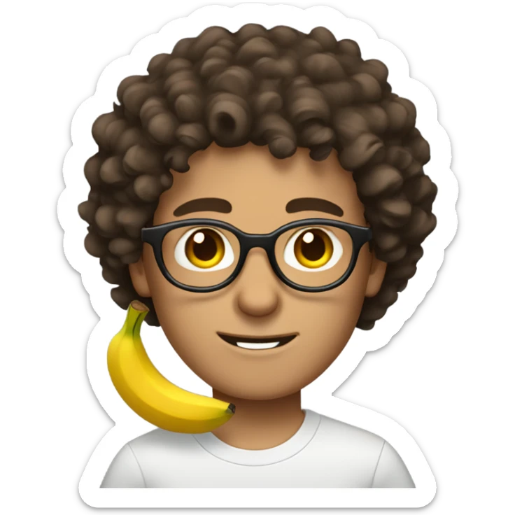 Curly dark brown hair guy with brown eyes and light brown round glasses. Holding a banana sticker
