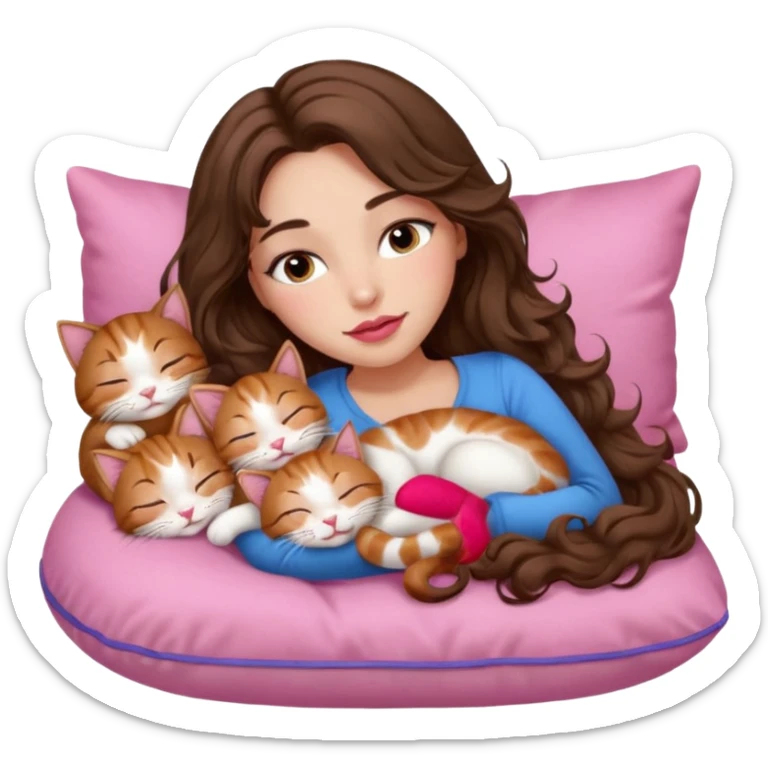 girl with long wavy brown hair, brown eyes, long lashes makeup, sexy pink lips, light to medium complexion, sleeping on a cozy pillow with 6 cats sticker