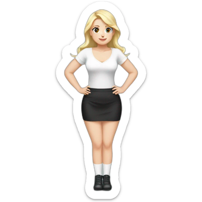 Front view full body curvy caucasian beauty sitting straight hands up black skirt white knickers white socks sticker