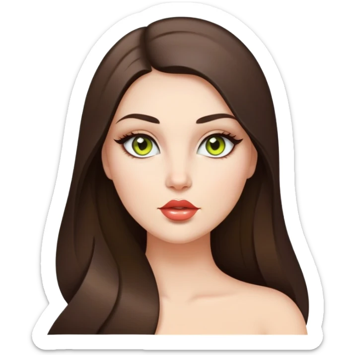 Curvy but beautiful brunette girl, chartreuse eyes, pin straight super long hair, modern style and glossy lips sticker