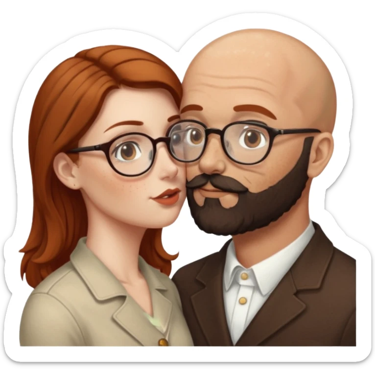 Couple. Bald man with dark brown-black beard. White woman with many small, faded freckles, she has white skin and she has auburn-brown-cinnamon, dark long hair. She has light brown eyes. The man have hazel eyes and glasses. Retro style. She kisses him. sticker