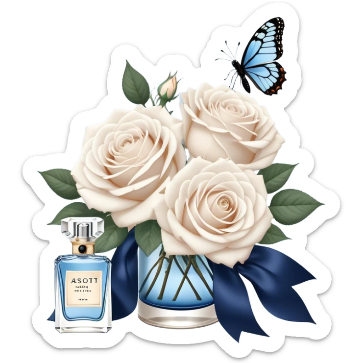 A bouquet of pale blue Ascott tea roses next to a navy aesthetic and a blue beautiful butterfly and a navy silk ribbon and a beautiful flacon of aesthetically pleasing vintage-style perfume in pearl color sticker