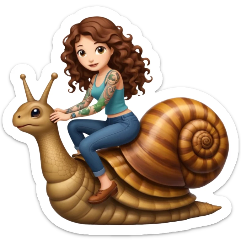 cute woman long curly brown hair tattoos riding giant snail sticker