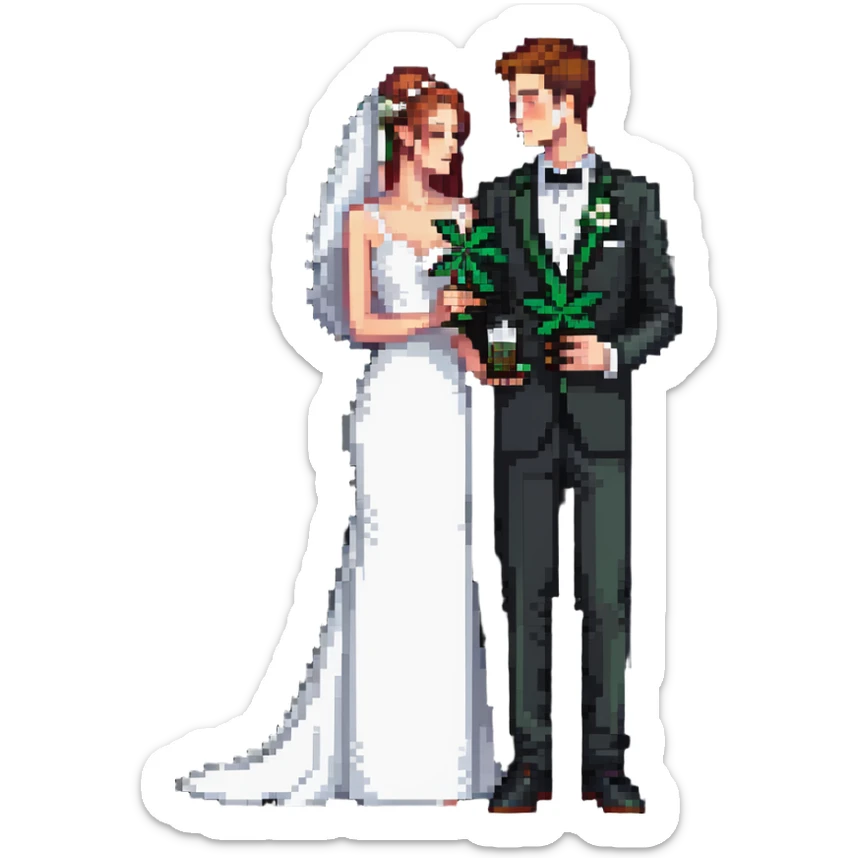 A bride in white wedding dress and groom in tuxedo, full body, sharing cannabis, wedding couple sticker