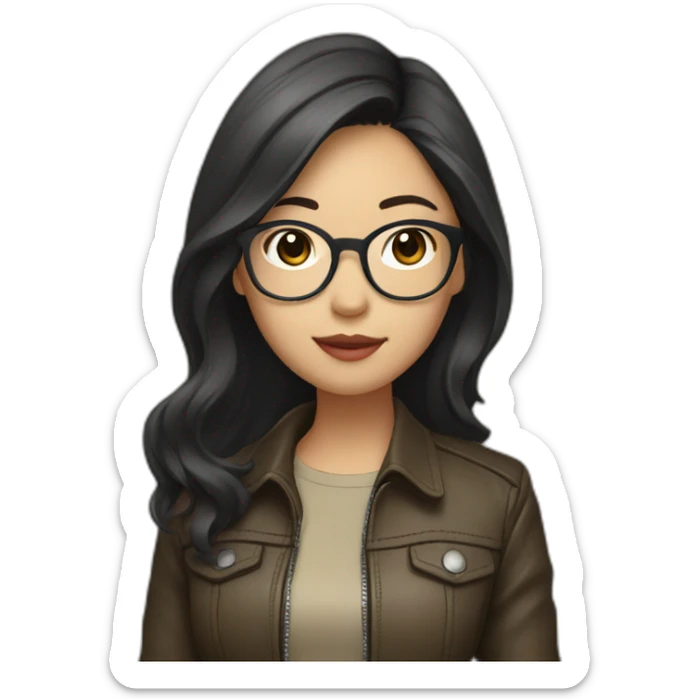 asian girl with glasses and a leather jacket with a  khaki shirt and long dark hair sticker