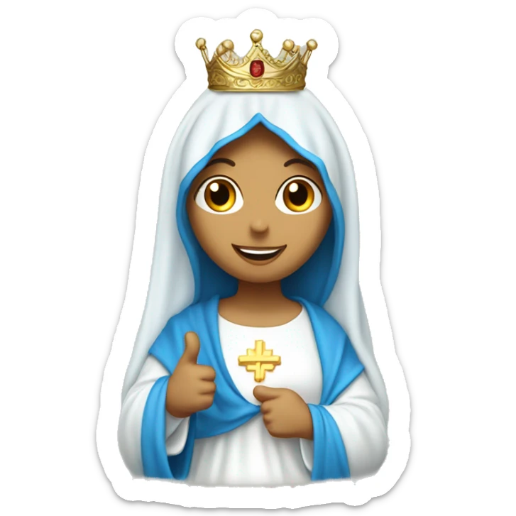 blessed virgin mary with one hand thumb up, with blue veil and white clothes, with crown, with halo sticker