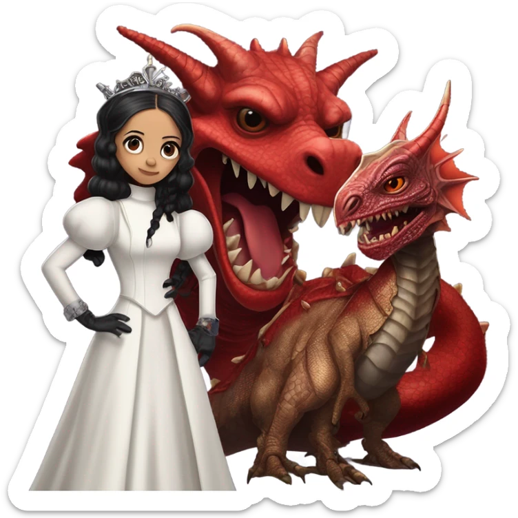 surprised Lavish Victorian evening gown with gloves, Jenna Ortega as Addams girl Jedi wearing a steampunk mini tiara, standing next to a very large blood red evil-looking horned dragon sticker