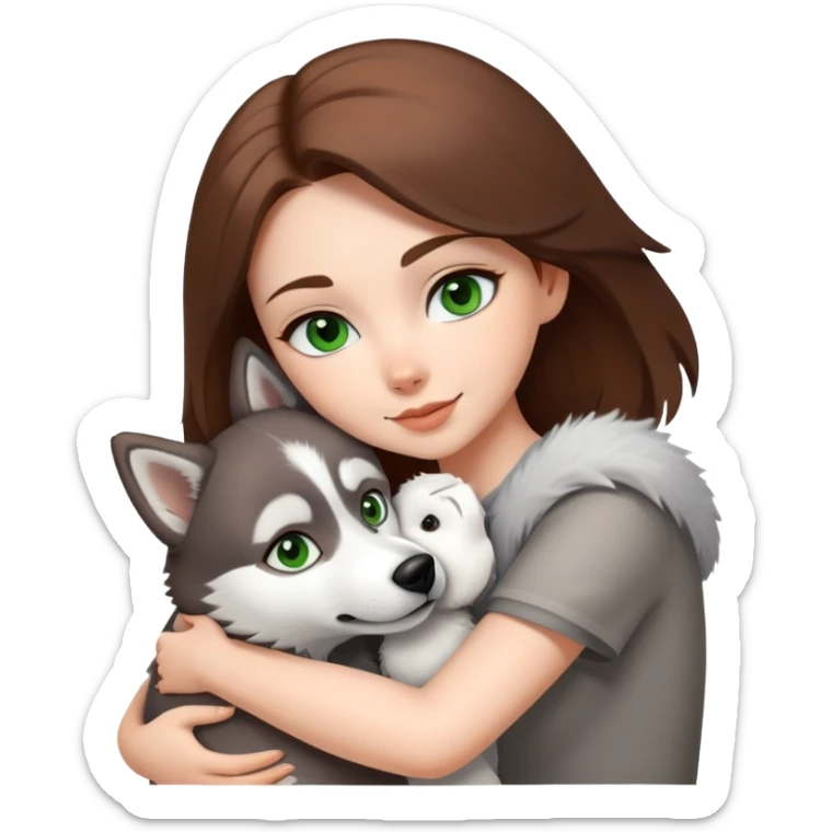 White girl white Green eyes and brown hair make a hug to a husky white ans grey white brown eyes  sticker