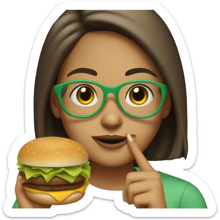 a girl with straight brown hair. she has light green glasses. she is eating a burger sticker