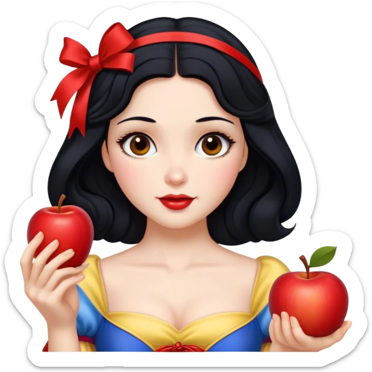 Cinematic Realistic Snow White Portrait, depicted with lifelike skin texture, soft natural lighting, and intricately detailed black hair styled with a red ribbon. Her soft brown eyes radiate innocence and kindness, complemented by a warm, gentle smile. She holds an apple in one hand, her other hand resting against her cheek, embodying her purity and charm. She is dressed in her classic yellow, blue, and red gown, the fabric rich in texture with delicate folds that catch the light beautifully. The portrait features a soft, natural glow with a radiant finish, capturing the essence of timeless beauty in a realistic and painterly style. sticker