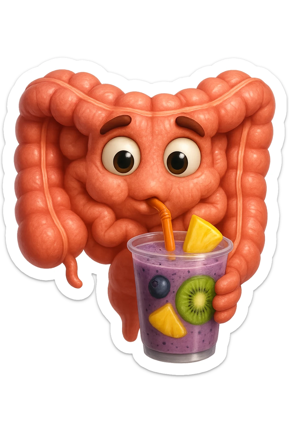 EMOJI STILE IPHONE DI un intestino umano anatomico che beve un frullato di mirtilli, ananas, kiwi, fagli anche la parte bianca degli occhi, non solo le pupille, REALISTICo 4K sticker
