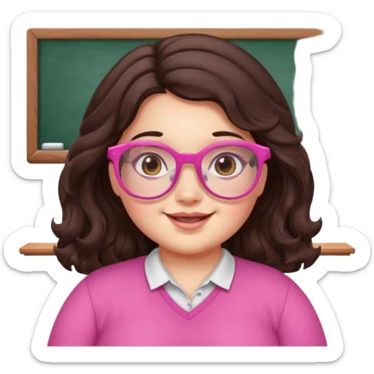 chubby English teacher cute girl face happy wavy long dark brown hair wearing pink glasses classroom background for online classes sticker