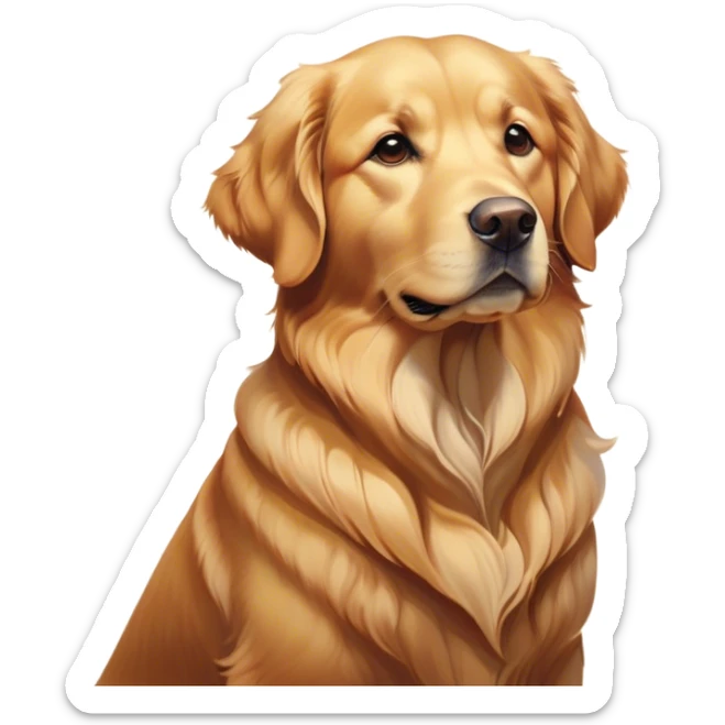 Cinematic Noble Golden Retriever Portrait Emoji, Poised and regal, with a strong, athletic build and a lustrous, well-groomed golden coat, deep-set soulful brown eyes, Simplified yet sharp and sophisticated features, highly detailed, glowing with a soft, dignified glow, high shine, intelligent and friendly, stylized with an air of warmth, focused and attentive, soft glowing outline, capturing the essence of a watchful and confident companion, so majestic it feels as though it could bound out of the screen with effortless authority! sticker