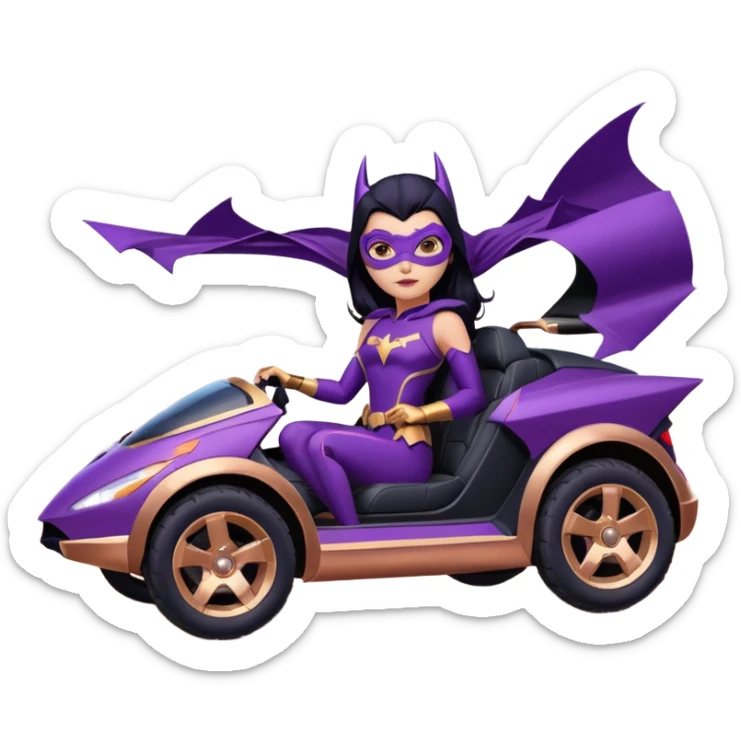 Hot full size real-appearance racing action BatGirl’s feminine midnight-purple tight outfit sixty’s tv show 1992 stealth retro cat burglar sporty petite off-road pursuit hovering hover cruiser car rose gold accents (black hair,reclined and relaxed seating position and attitude) desert sticker