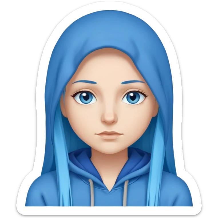 White woman with long blue straight hair and blue eyes with long eyelashes and blue hoodie that's not up sticker