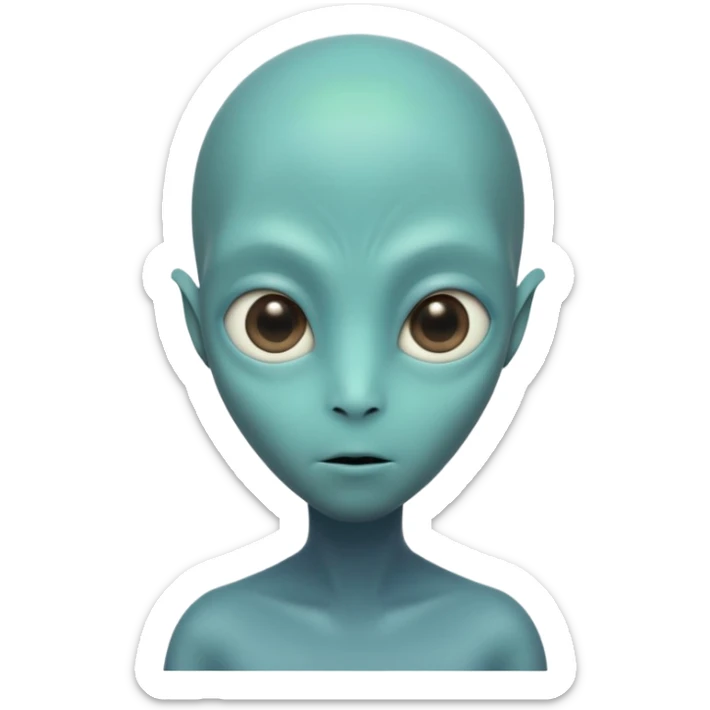 Portrait of an alien with smooth greenish-blue skin, large black oval eyes, small nose, and no visible ears, elongated head, front-facing, wearing brown t-shirt, soft glow, simple futuristic design sticker