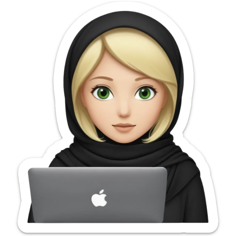 blond women skine , with green eyes , with black scarf hijab ,without hair, with macbook sticker