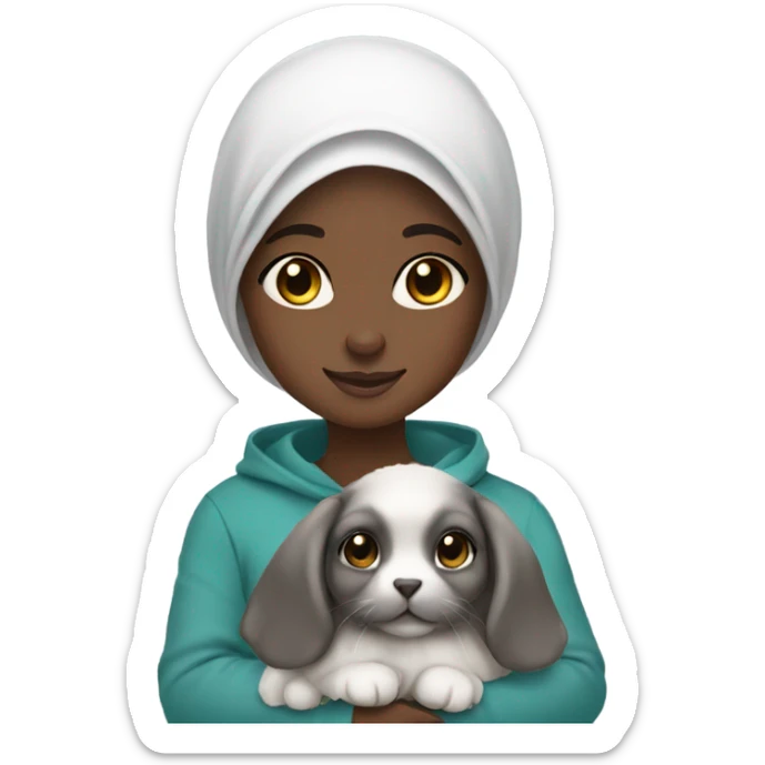 Black Muslim girl holding her cute gray holland lop sticker
