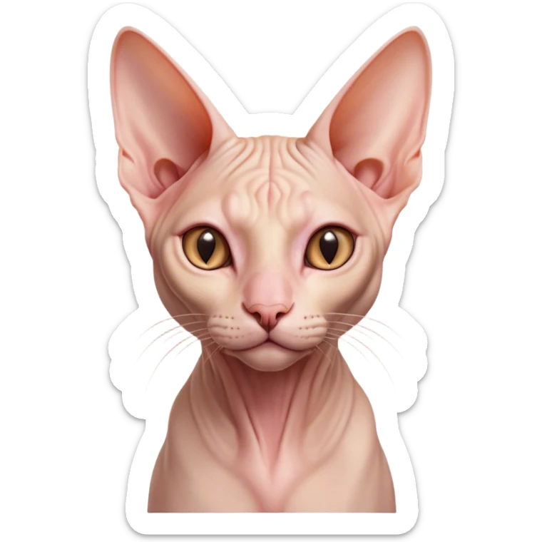 Cinematic Noble Sphynx Cat Portrait Emoji, Poised and regal, with smooth, hairless skin in warm peach and soft pink tones, striking large ears and intense almond-shaped eyes, Simplified yet sharp and sophisticated features, highly detailed, glowing with a soft, dignified glow, high shine, intelligent and graceful, stylized with an air of elegance, focused and attentive, soft glowing outline, capturing the essence of a watchful and refined feline, so majestic it feels as though it could glide across the screen with effortless confidence! sticker