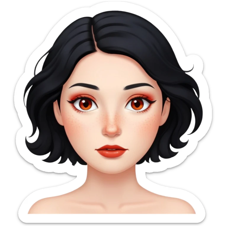 woman with flowing black hair, natural makeup, and prominent red freckles on face sticker