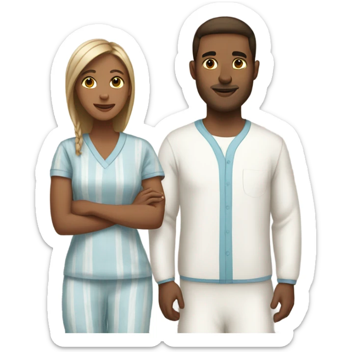 White man and brown-skinned woman in matching pajamas sticker