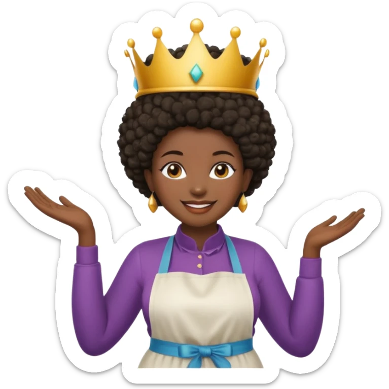 Mujer curvy afro, con vestimenta cómoda y delantal,con una corona sobre su cabeza y sonrisa contagiosa.  sticker
