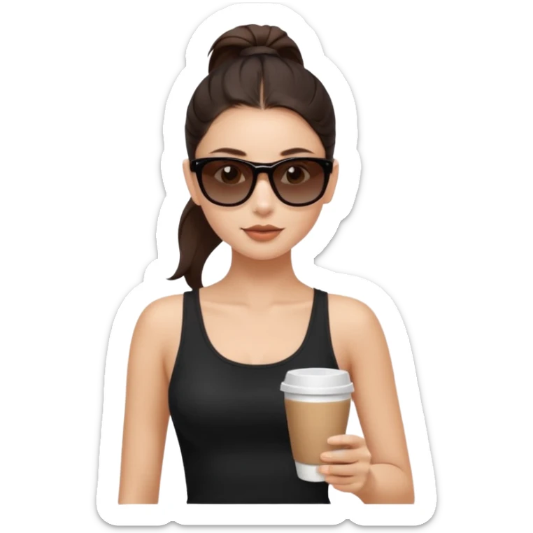 generate a pretty fair bratz girl with dark brown eyes, dark brown eyes tied into a slick back ponytail, thin brown sunglasses. Wearing a black cami top and drinking coffee, high cheekbones sticker