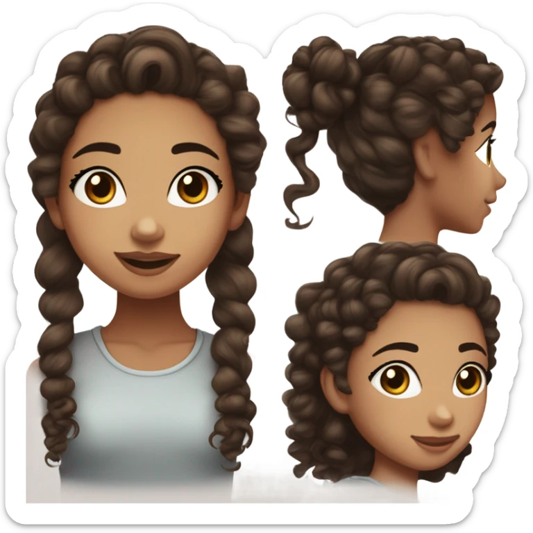 A teenage girl with curly cocoa brown hair, half up half down. She has light freckles and a nose piercing, she is wearing eyeliner and has long pretty eyelashes, she has round dark brown eyes sticker