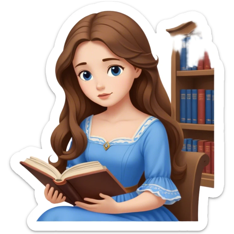 Cinematic Elegant Belle Portrait Emoji, Sitting with an open book, eyes dreamy with thought, her iconic blue village dress draped gracefully, exuding intelligence, kindness, and timeless charm! sticker