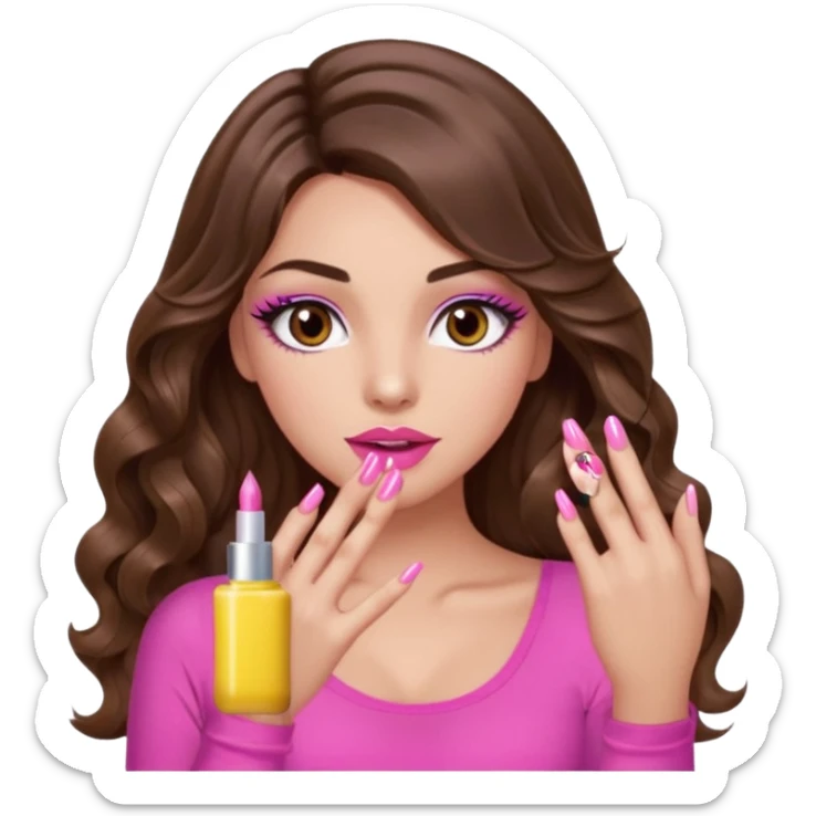 girl with long wavy brown hair, brown eyes, light to medium complexion, in a pink sexy top, pink lips, long lashes, puckered lips, showing my manicure sticker