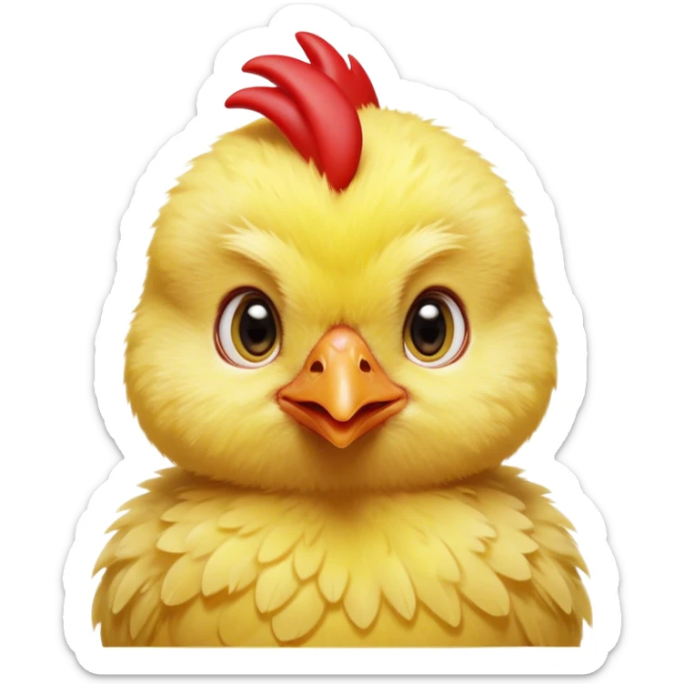 Cinematic Cute Yellow Baby Chicken Portrait Emoji, Head tilted playfully and inquisitively, featuring a fluffy, vibrant yellow downy coat with a tiny red comb, round, sparkling beady eyes filled with curiosity, Simplified yet irresistibly adorable features, highly detailed, glowing with a warm, friendly glow, high shine, affectionate and lively, stylized with a touch of playful whimsy, bright and endearing, soft glowing outline, capturing the essence of a mischievous yet loving chick, so playful it feels like it could peep out of the screen and into your arms! sticker