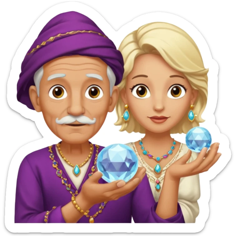 Elderly male cleanshaven gypsy with earrings and blonde female gypsy holding a crystal ball sticker