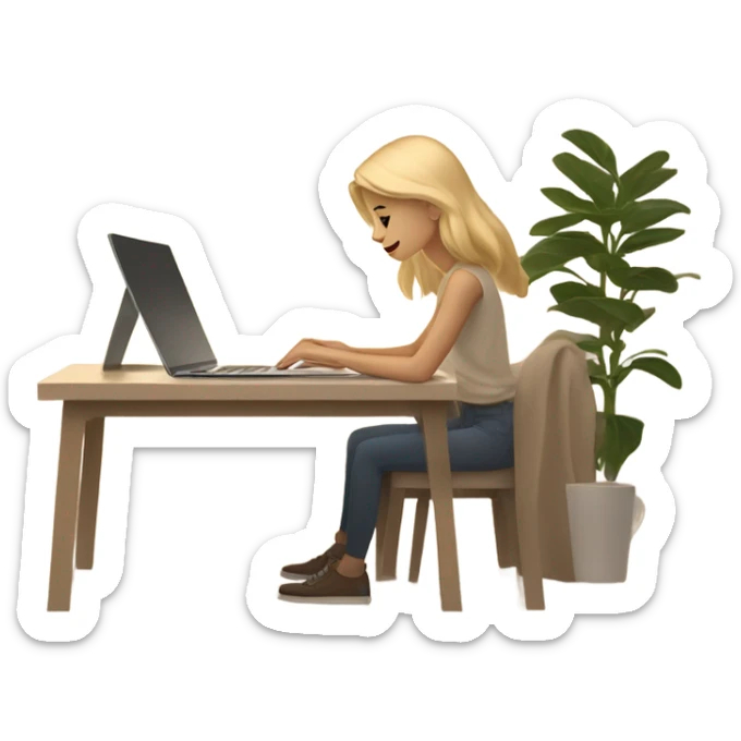 A blonde girl working on her laptop in a beige aesthetic setting. The scene features soft, warm tones with minimalist decor, such as a neutral beige desk, a simple coffee cup, and subtle lighting that complements the calming and modern atmosphere. sticker