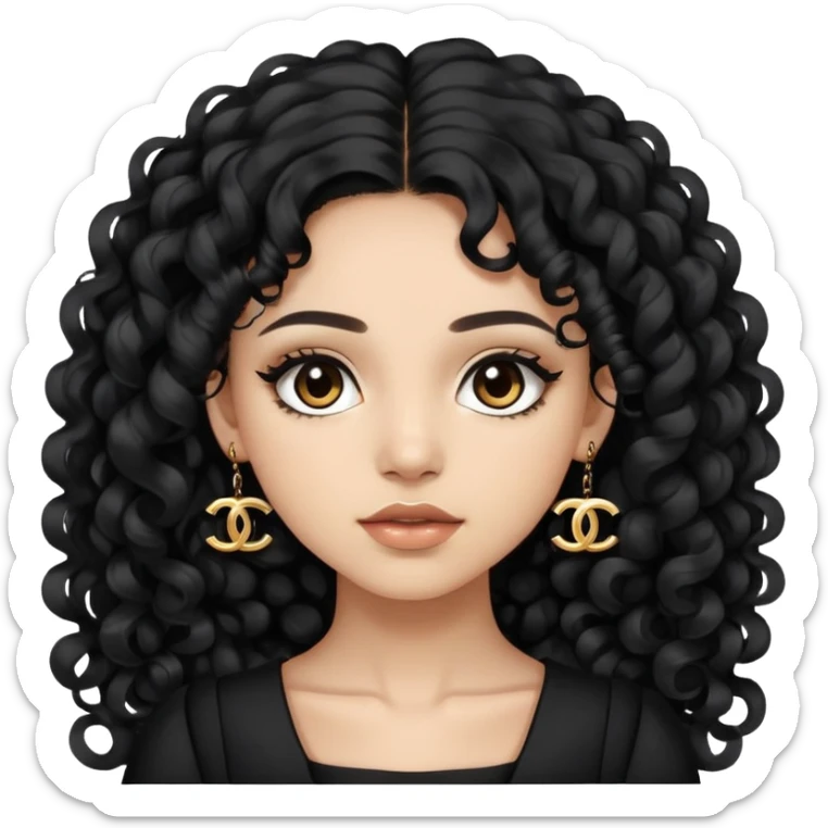 light skin girl with very long black curly hair, brown eyes, wearing a black Chanel dress sticker