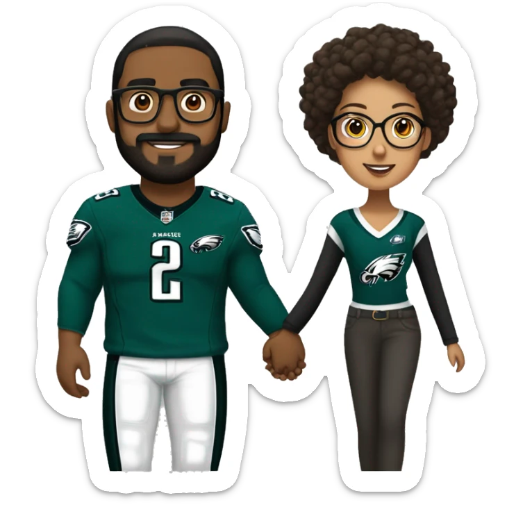 Brown guy with beard mustache and brown girl with glasses and hair in a bun in Philadelphia eagles clothes holding hands sticker