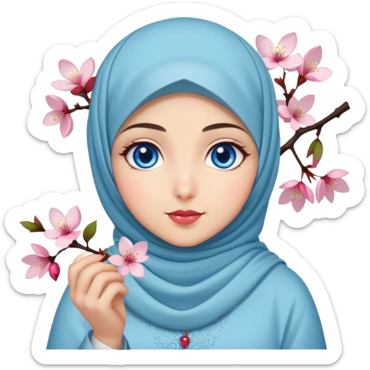 Turkish beautiful finish Konya girl blue eyes with hijab islamic dress and had on her hand cherry blossom sticker