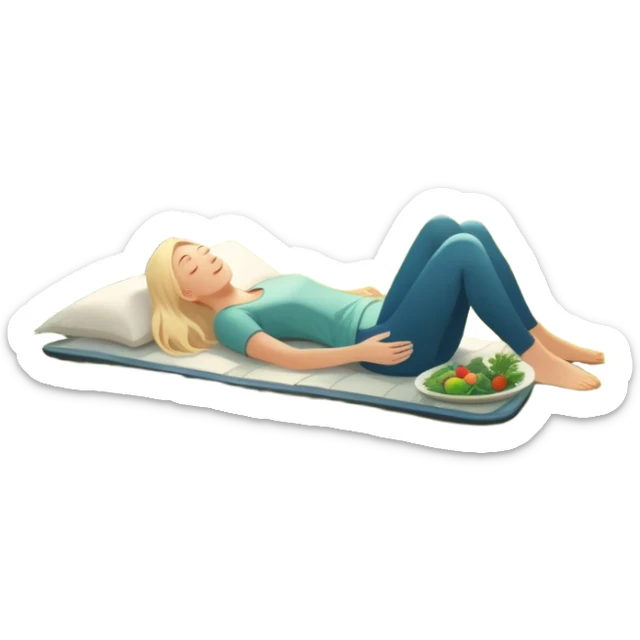 A glowing person stands in morning sunlight, breathing deeply on fresh grass. At their feet: a plate of whole foods, a water bottle, and supplements. Nearby, friends laugh under a tree, and a cozy bed glows in the background—symbolizing sleep, movement, nutrients, connection, and light. sticker