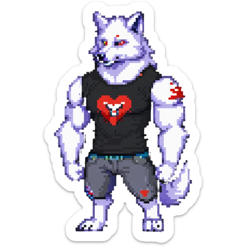 muscular wolf furry wearing a t-shirt that says 'Himbo gunners' sticker